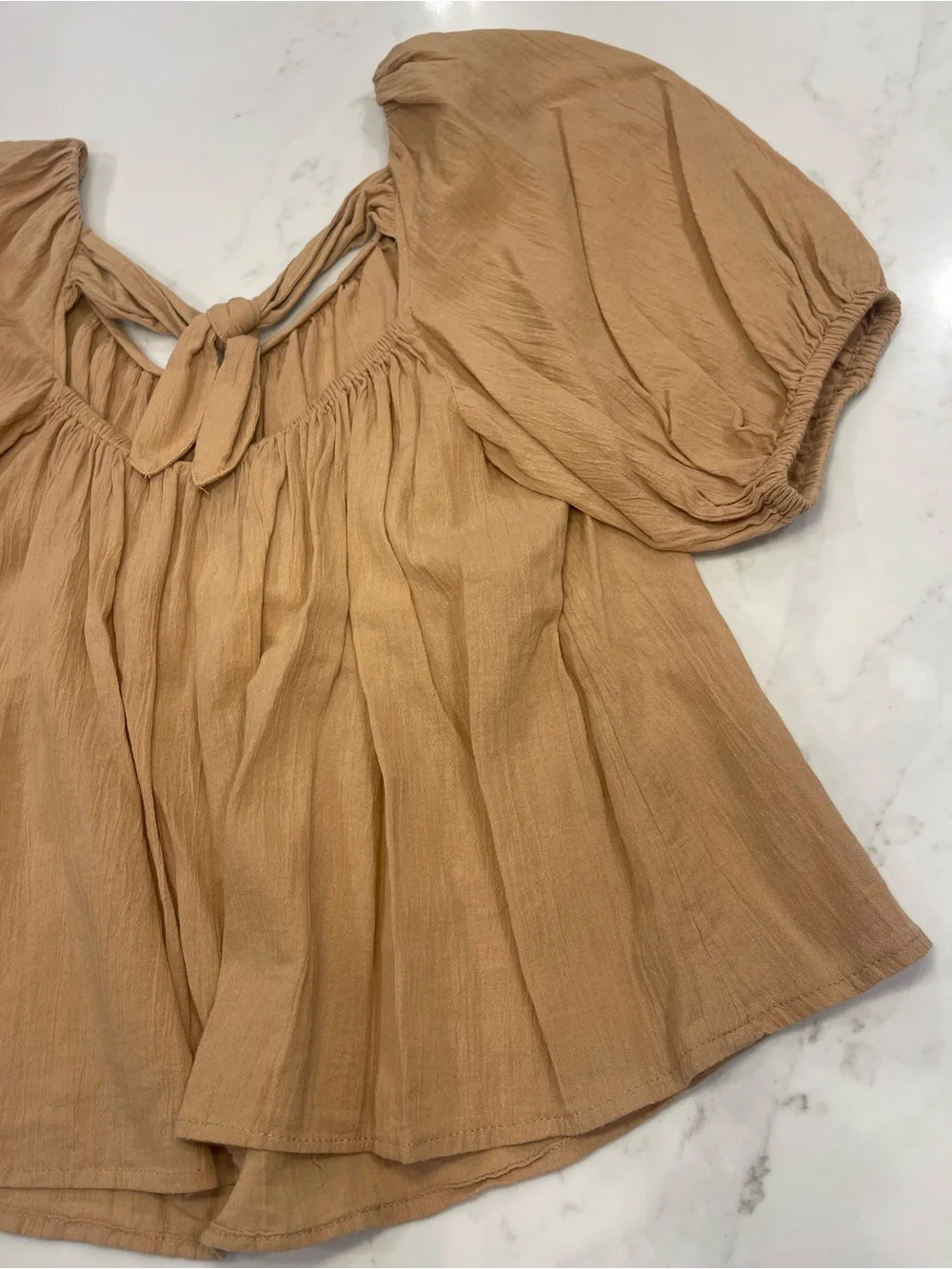 Old Navy Women’s Puff Sleeve Tie-Back Blouse in Tan